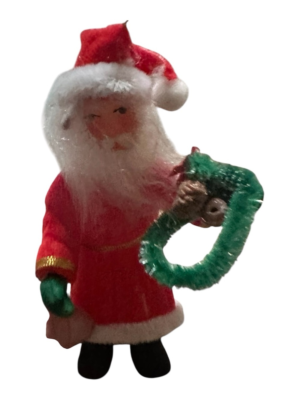 Festive Santa Ornament with Green Wreath - Red and White Holiday Figurine